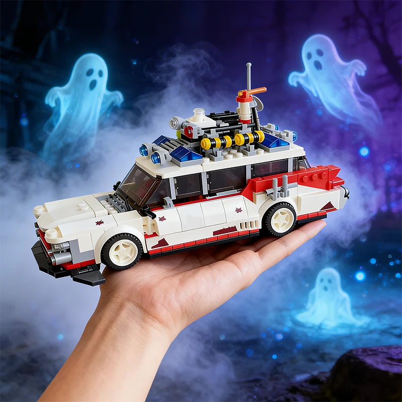 Hand holding a toy fire truck with ghostly figures in the background