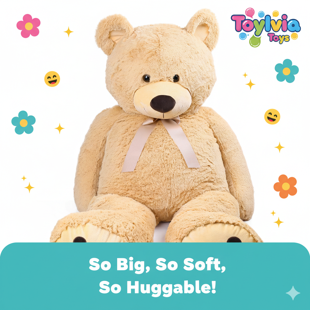 Beige teddy bear with a pink bow, surrounded by colorful flowers and stars, on a white background with 'Toylovia Toys' branding.