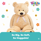Beige teddy bear with a pink bow, surrounded by colorful flowers and stars, on a white background with 'Toylovia Toys' branding.