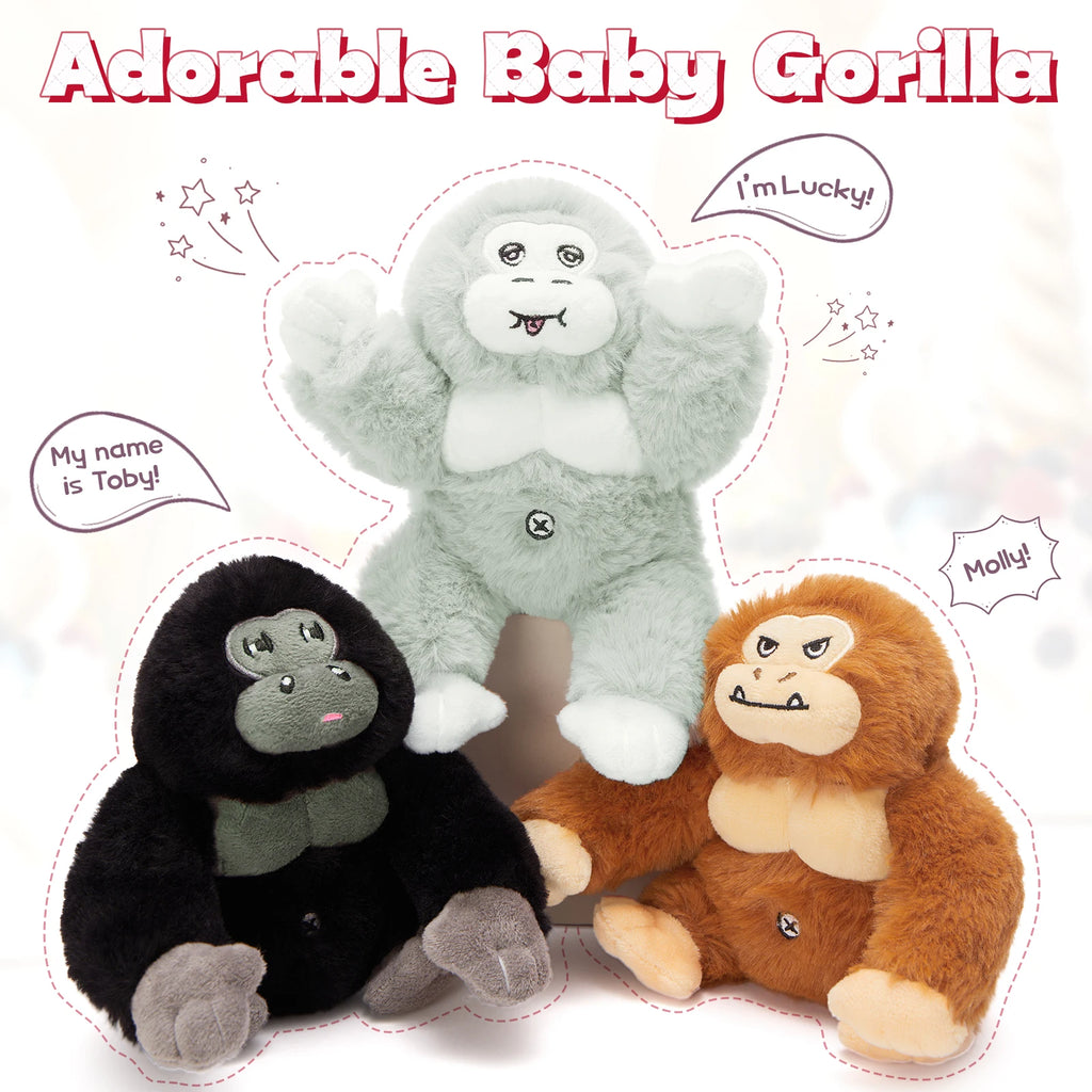 Three plush baby gorillas in different colors with speech bubbles on a white background