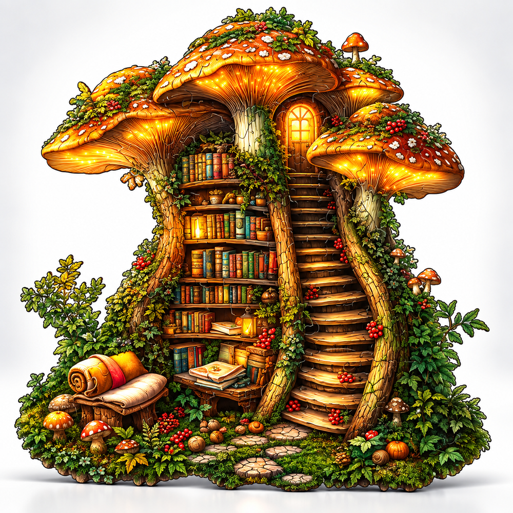 Giant Mushroom Cottage Wooden Puzzle Fantasy Forest Library