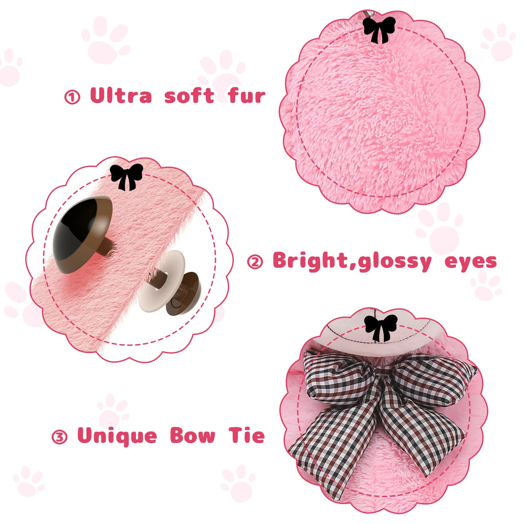 Pink plush toy with a bow tie on a white background