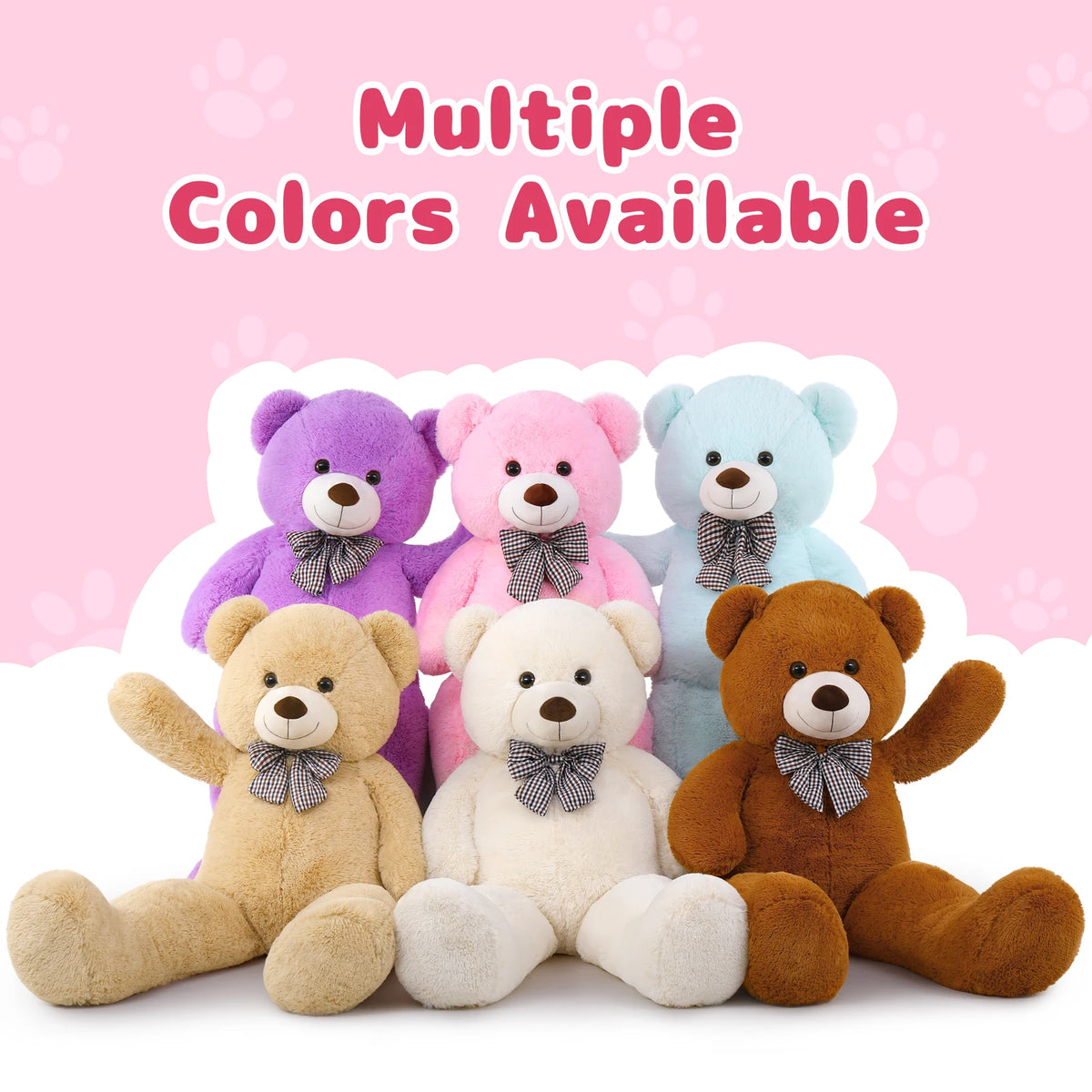 Set of colorful teddy bears with bow ties on a pink background