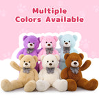 Set of colorful teddy bears with bow ties on a pink background