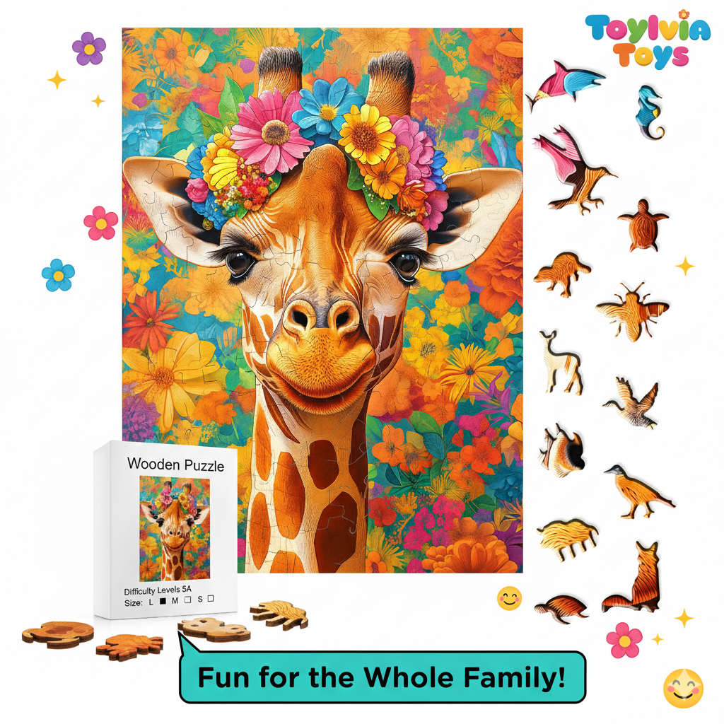 Wooden puzzle with a colorful giraffe design and 'Toylibia Toys' branding. Main image