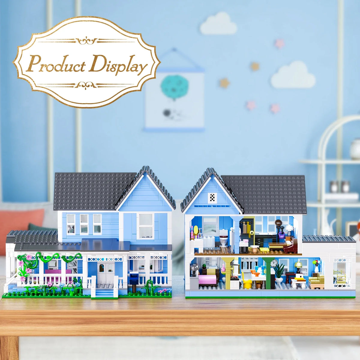 Toy house models on a wooden surface with a blue wall and decorative elements in the background.