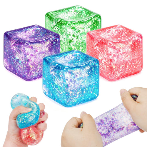 1pc Glitter Cube Squishy Fidget Toys, Slow Rising Squeeze Toy Square Stress Balls For Adults And Kids, Filled