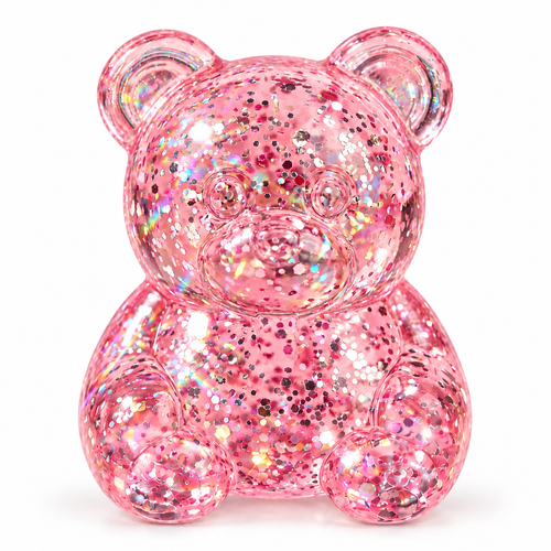Translucent pink glitter teddy-bear squishy, seated upright on white
