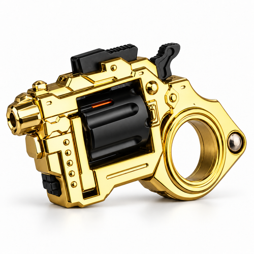 Gold revolver fidget spinner ring, silver-matched three-quarter studio image