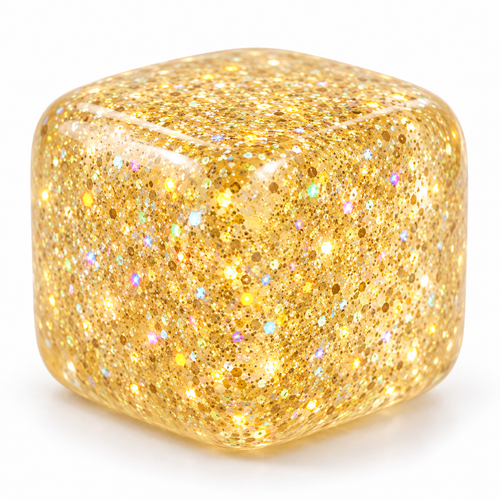 Translucent golden glitter ice cube squishy fidget on a clean white background.