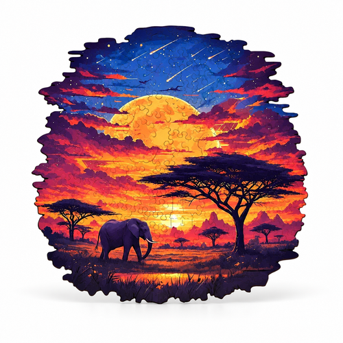 Golden Horizon sunset grassland wooden jigsaw puzzle centered on white studio surface