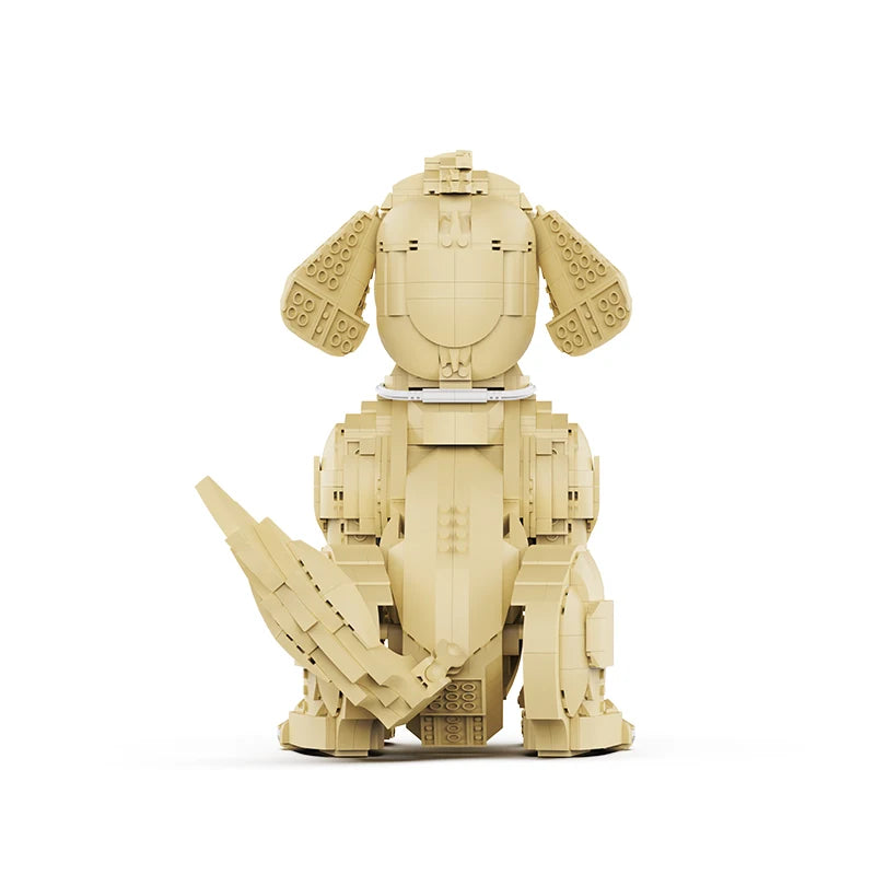 Close-up showing intricate ABS brick construction and texture detail of Golden Retriever dog model.