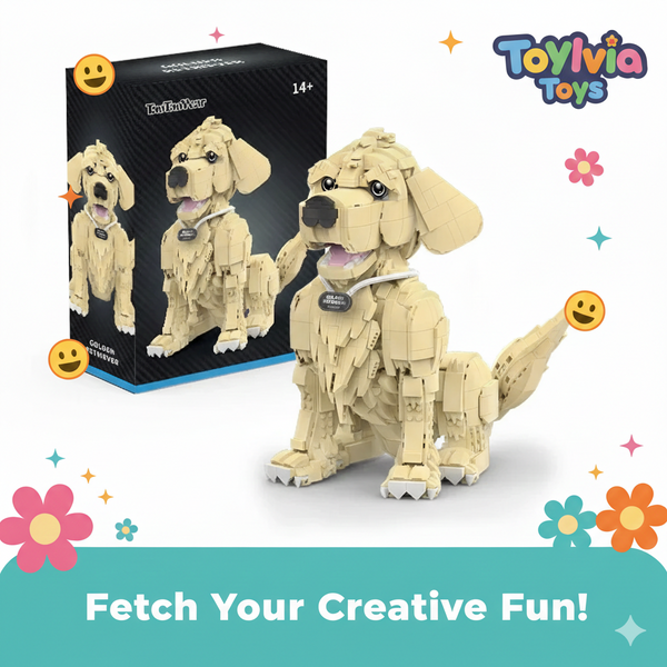Toy dog model with packaging and 'Toyivia Toys' branding on a white background.
