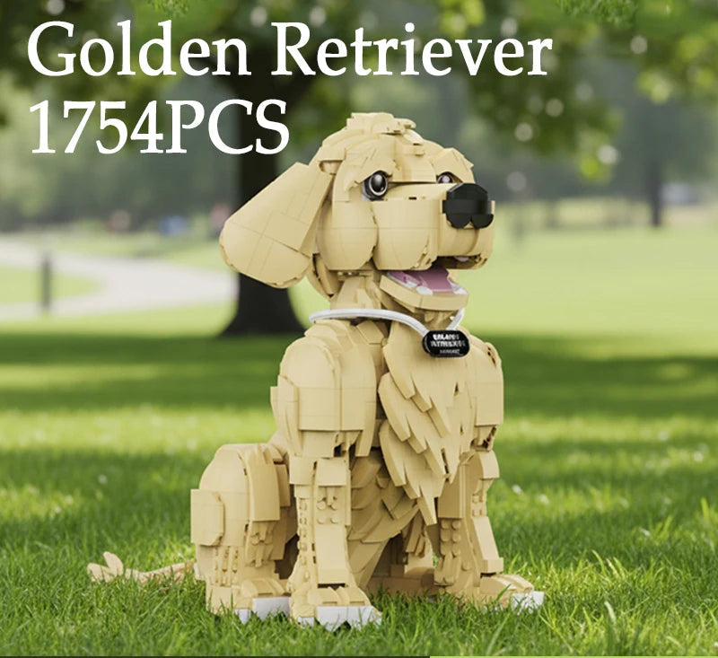 Close-up of Golden Retriever building blocks head showing detailed eyes, nose and ear design from premium ABS bricks.