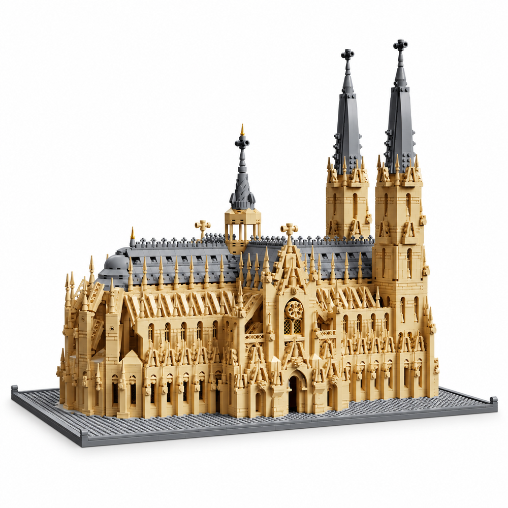 6028-piece Gothic cathedral building block model, front three-quarter studio view