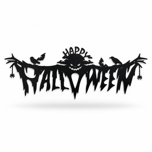 Black cut-metal Happy Halloween wall plaque with bare branches, bats, crows and spiders