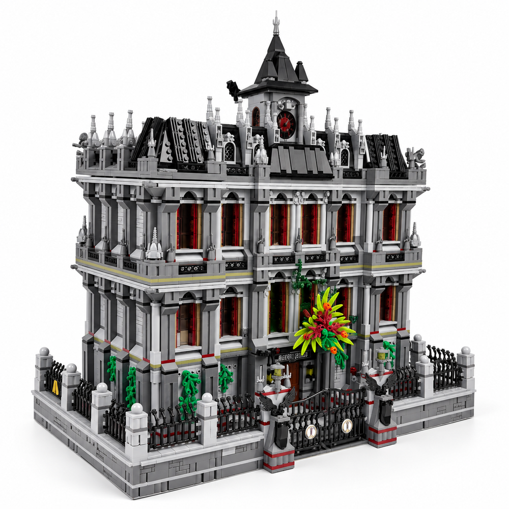 Gothic psychiatric hospital building-block model, full three-quarter hero with clock tower, iron fence, and colorful entrance detail