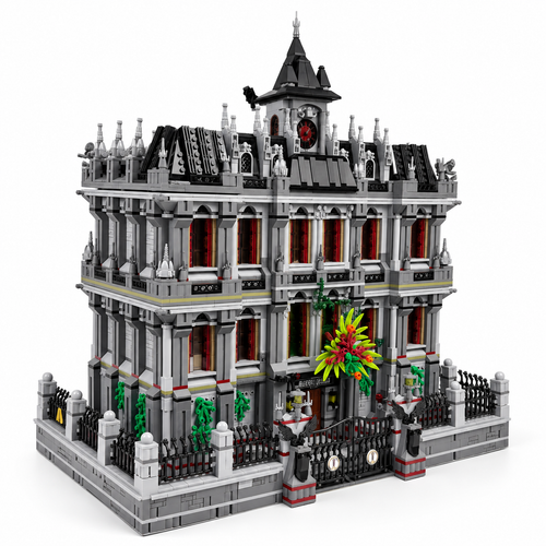 Gothic psychiatric hospital building-block model, full three-quarter hero with clock tower, iron fence, and colorful entrance detail