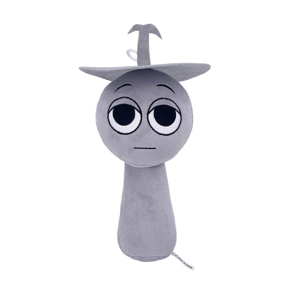 Grey cartoon plush toy character wearing a wide hat, soft stuffed design on a white background