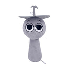 Grey cartoon plush toy character wearing a wide hat, soft stuffed design on a white background