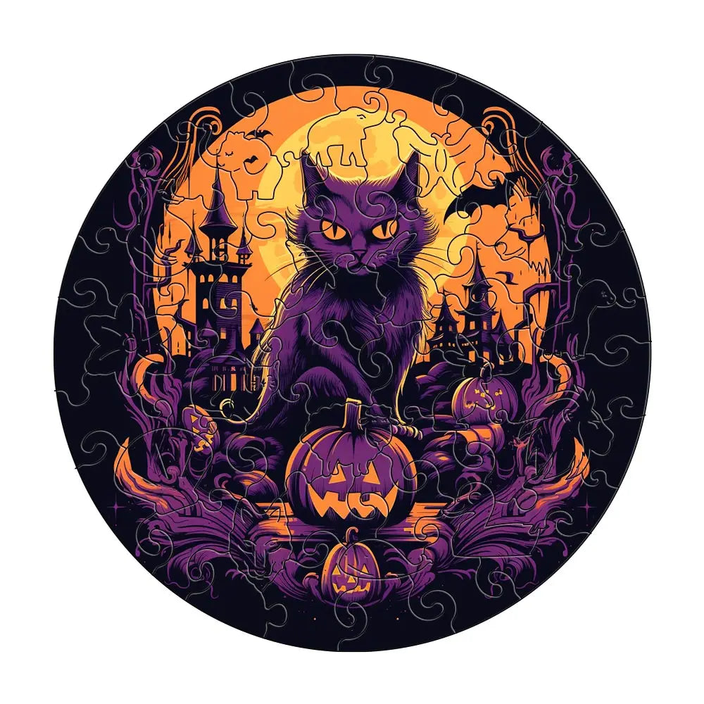 Halloween Cat & Pumpkin Wooden Puzzle for Adults – Irregular Jigsaw
