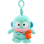Hangyodon plush keychain holding a small orange fish — cute Sanrio character soft toy charm.