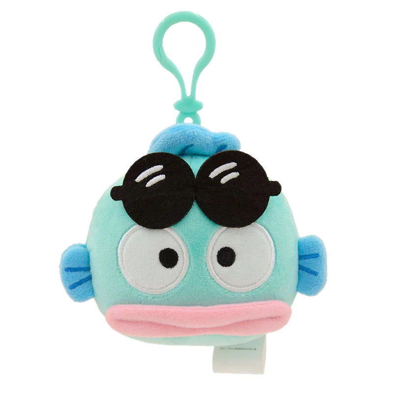 Hangyodon plush keychain with black sunglasses — Sanrio blue character soft toy for bags and backpacks