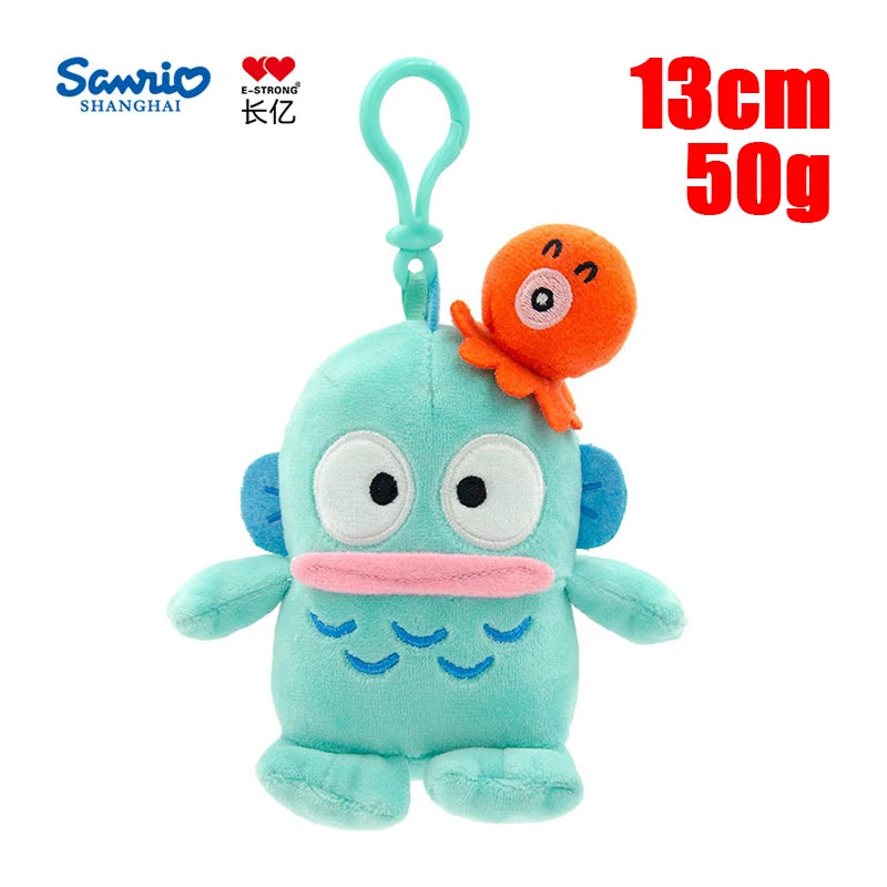 Hangyodon plush keychain with orange fish accessory, 13cm Sanrio soft toy.