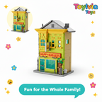 Toy burger restaurant set with 'Happy Burgers' sign, surrounded by colorful decorations and 'Toylivia Toys' branding.