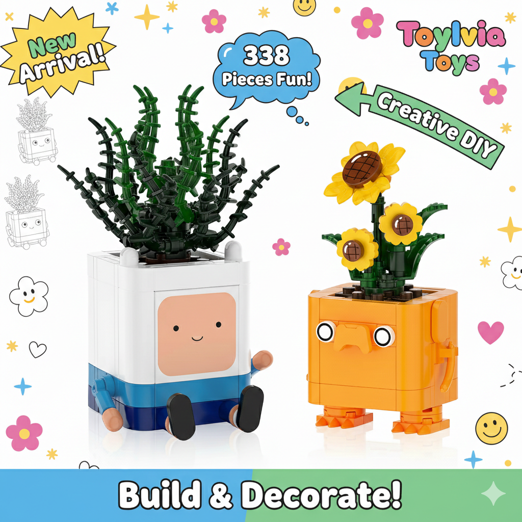 Two toy planters with faces, one green and one orange, on a colorful background with 'Toylovia Toys' branding.