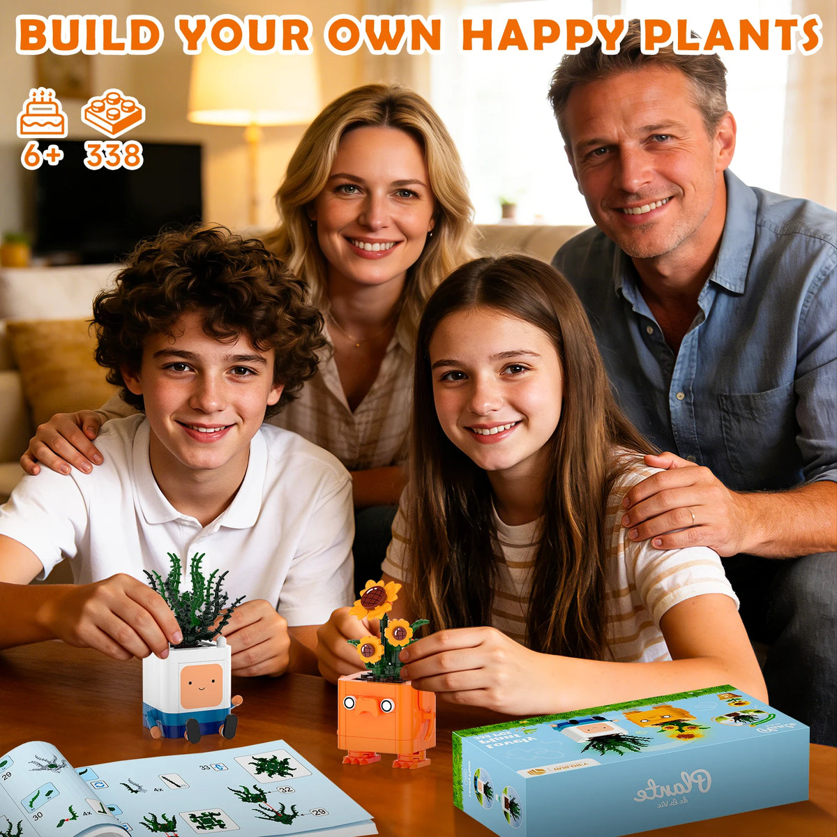 Family of four with children building happy plants toys in a living room.