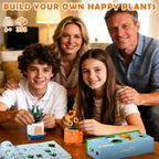 Family of four with children building happy plants toys in a living room.