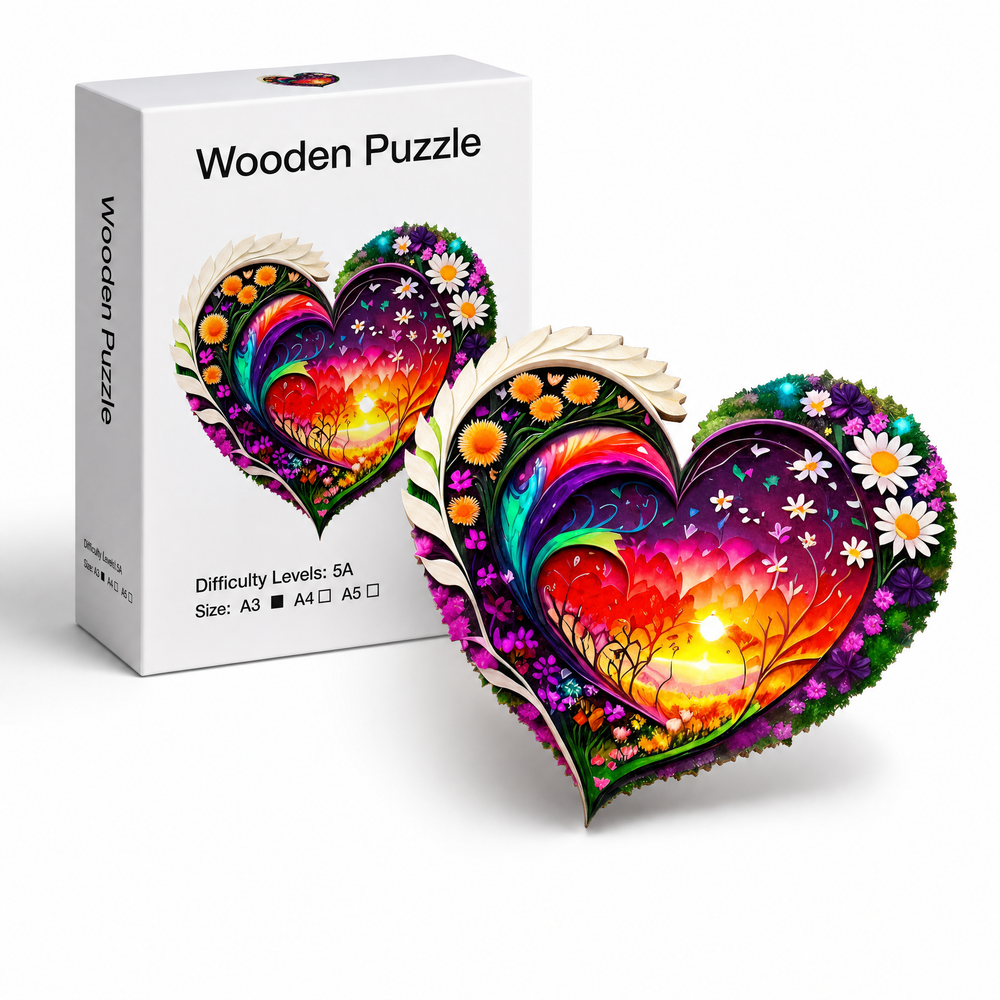 Heart Blossom Wooden Jigsaw Puzzle Colorful Floral Art Puzzle with Unique Pieces