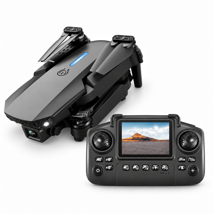 E88 folded black drone resting beside its matching built-in screen controller on white