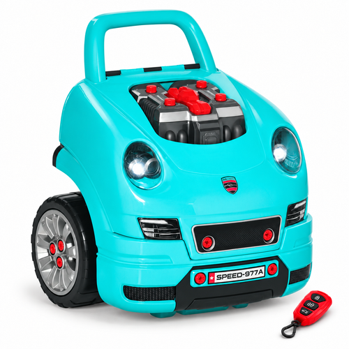 Teal mechanic take-apart engine workshop toy with matching red key fob, front view