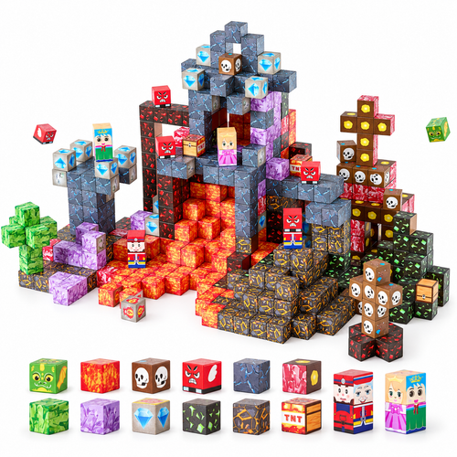 100-piece Dark Castle magnetic cube set in a white studio, full three-quarter view.
