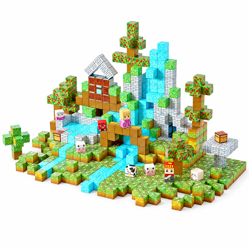 150-piece Forest Castle magnetic cube set in a white studio, full three-quarter view.