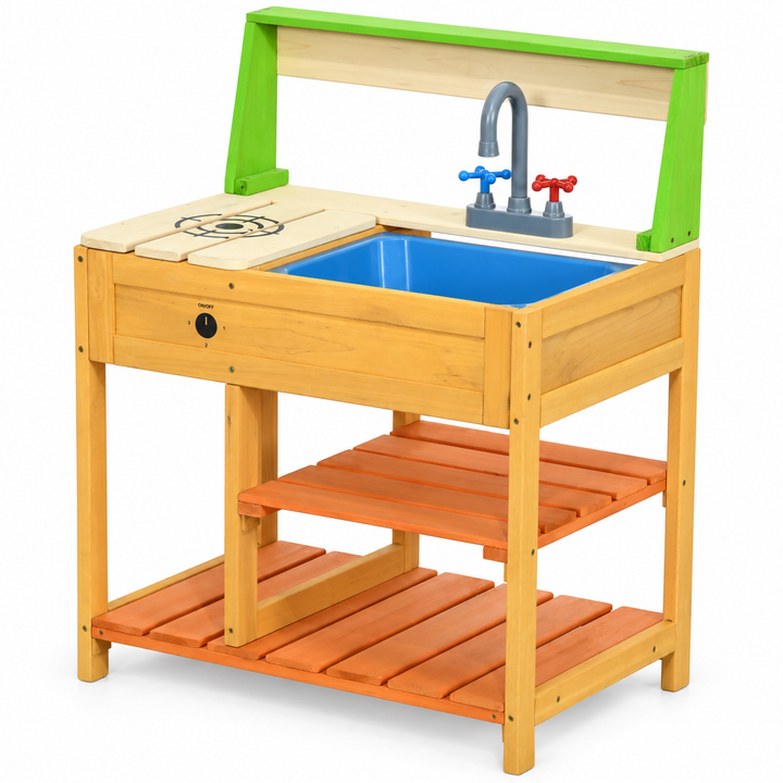 Wooden mud kitchen with blue basin and green frame, full three-quarter studio view.