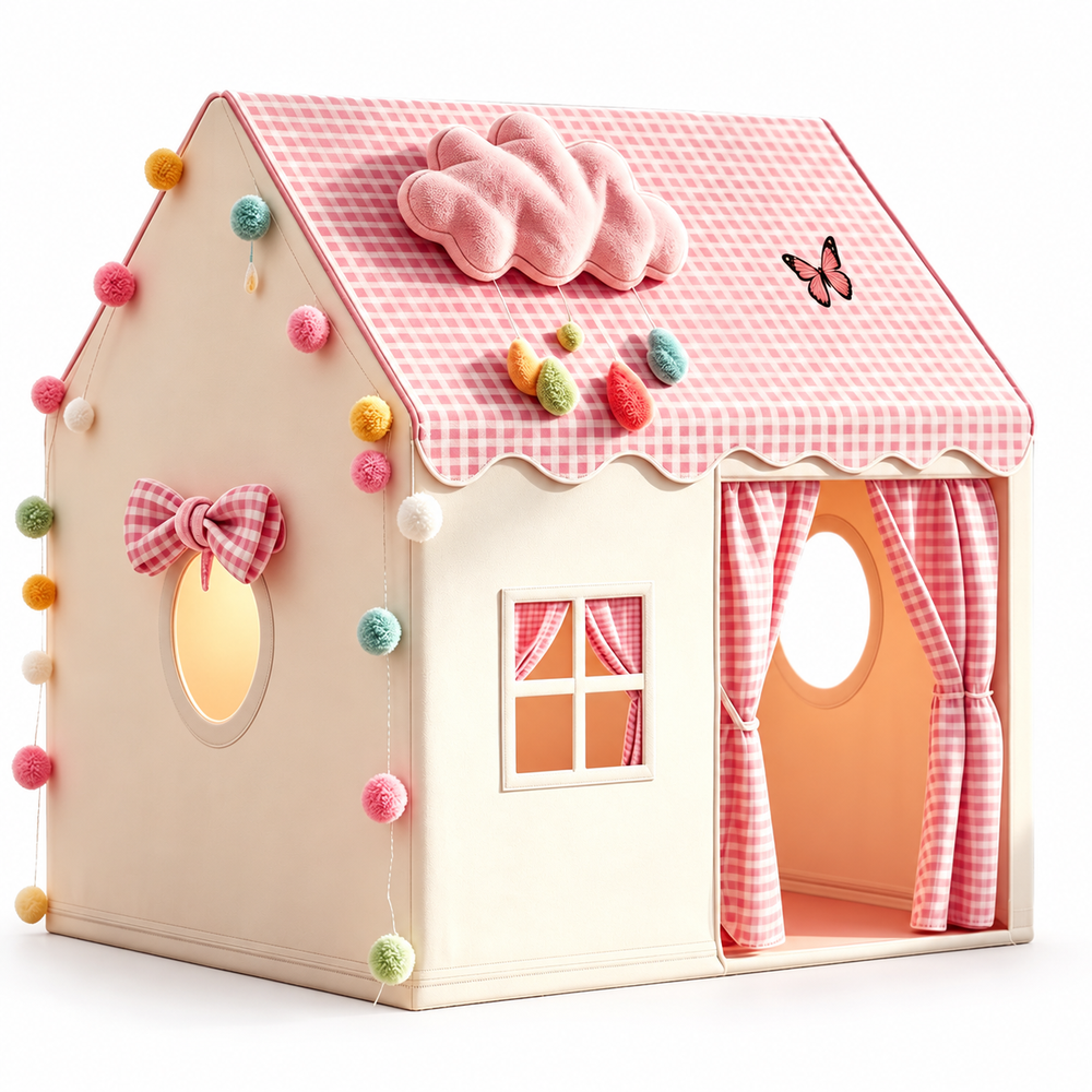 Cream cottage play tent with pink gingham roof, cloud decoration and pompom lights