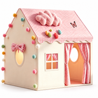 Cream cottage play tent with pink gingham roof, cloud decoration and pompom lights