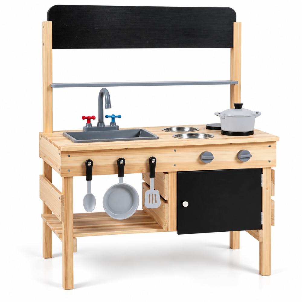 Natural fir wood outdoor mud kitchen with gray sink, two steel bowls and pretend stoves