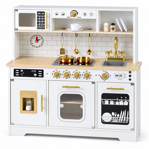 White and gold wooden play kitchen with microwave, cookware, sink and ice dispenser.