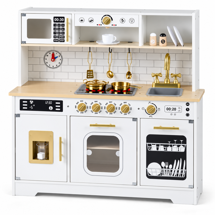 White and gold wooden play kitchen with microwave, cookware, sink and ice dispenser.