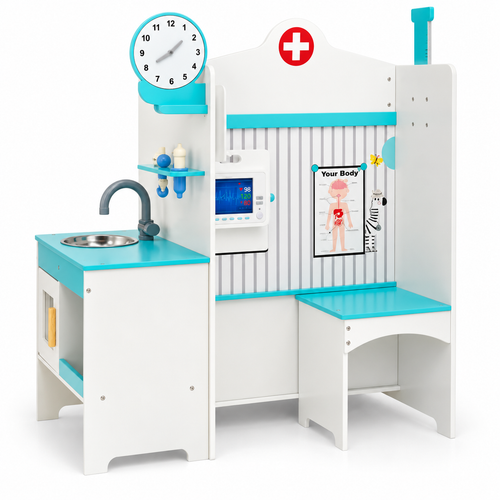 Blue and white wooden doctor station showing sink, ECG monitor and patient bench.