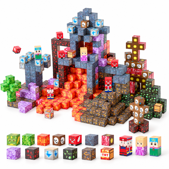 150-piece Dark Castle magnetic cube set in a white studio, full three-quarter view.