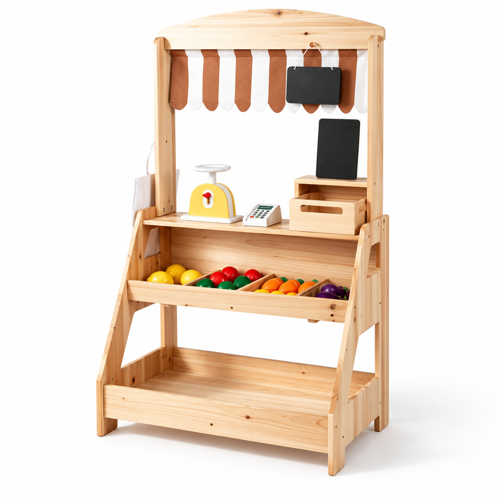 Wooden farmers market play stand with striped awning, toy scale and produce shelves