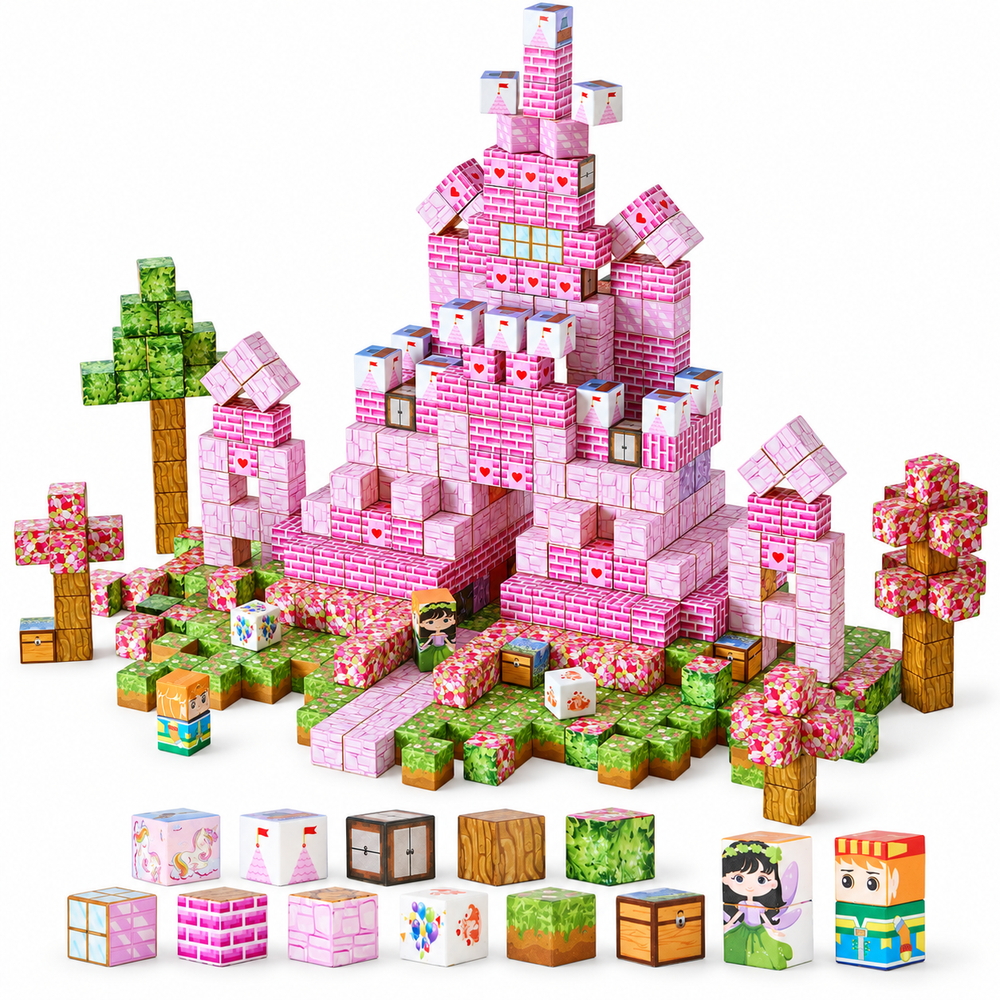 100-piece Princess Castle magnetic cube set in a white studio, full three-quarter view.