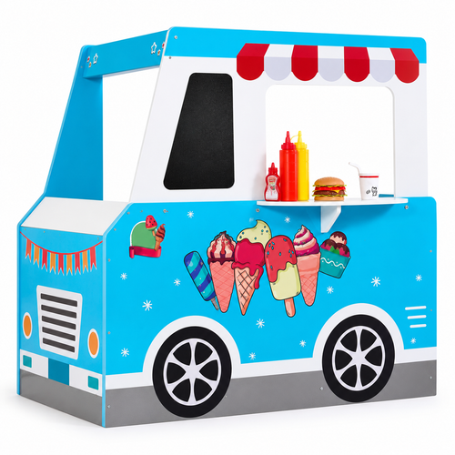 Turquoise and white wooden ice cream truck play stand, full three-quarter studio view.
