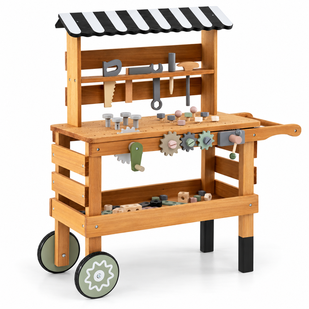Wooden rolling tool bench with striped canopy, hand tools and gears, full studio view.