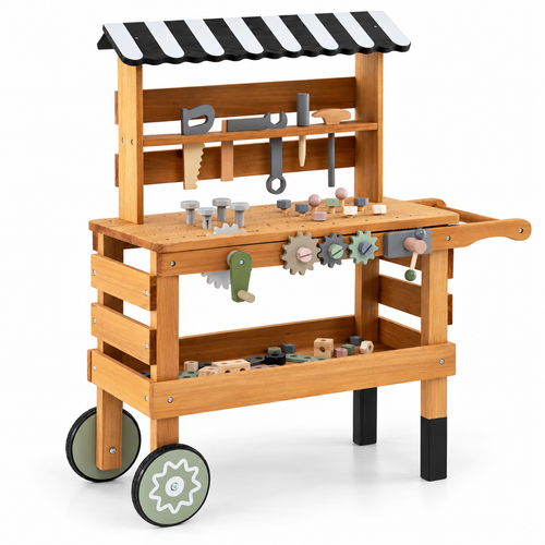 Wooden rolling tool bench with striped canopy, hand tools and gears, full studio view.